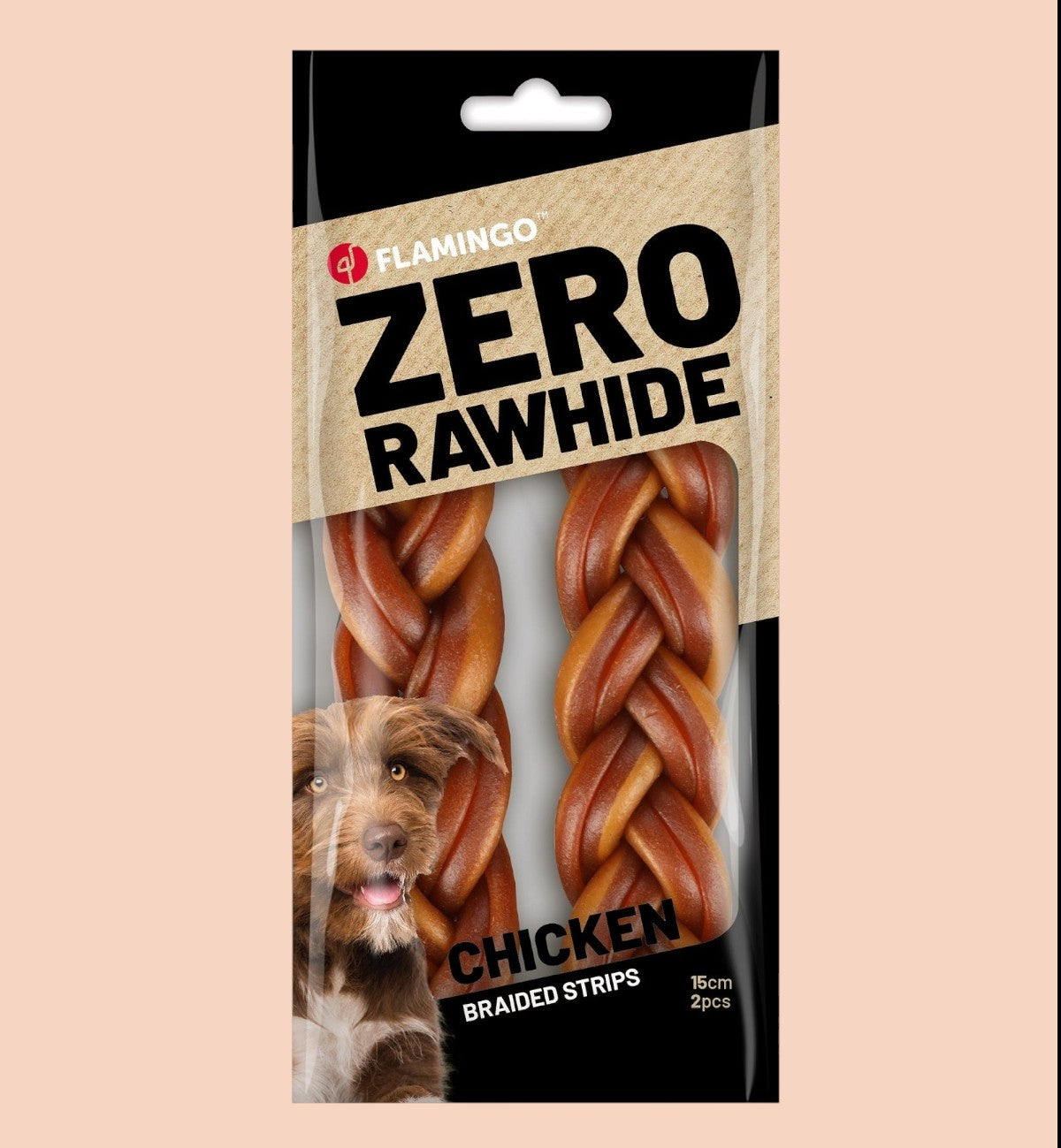 Animozen Friandises Zero Rawhide lanières tressées au poulet pour chien, 15 cm, 2 pièces. Texture tressée.