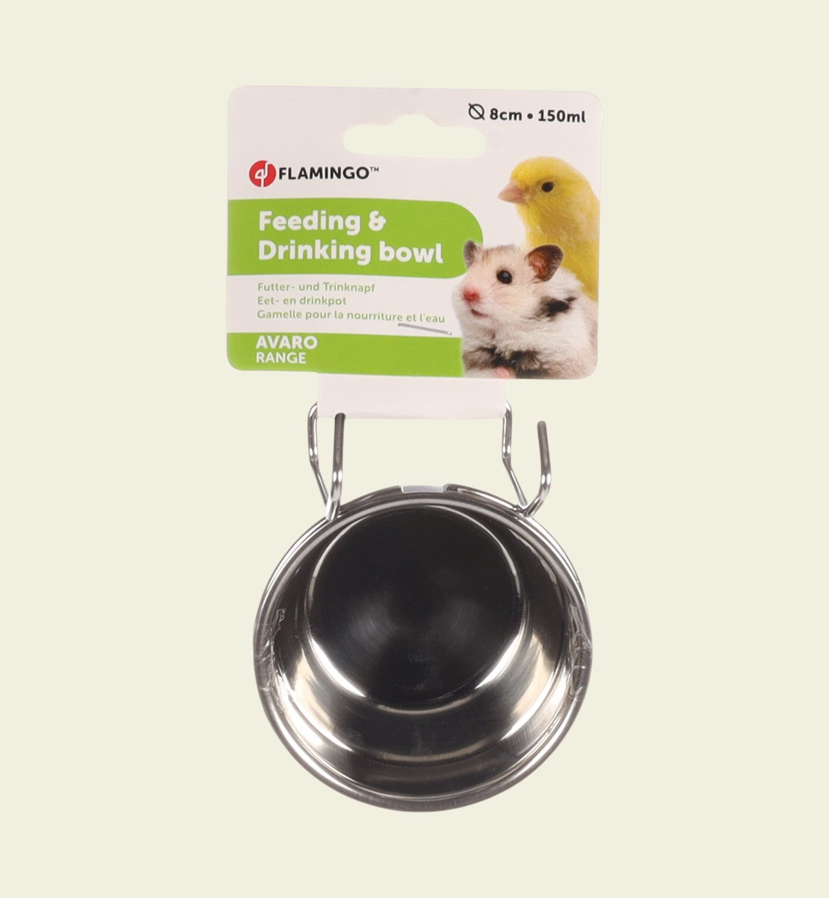 Animozen Gamelle Avaro en acier inoxydable argentée, ronde, avec support et crochets pour cage d'animaux.