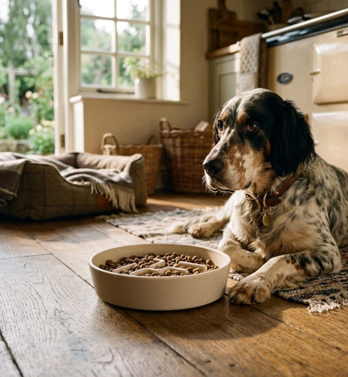 Gamelle beige anti-glouton en fibre de bambou et plastique PP pour chien par Animozen. Design rond avec séparateurs pour ralentir la prise alimentaire.