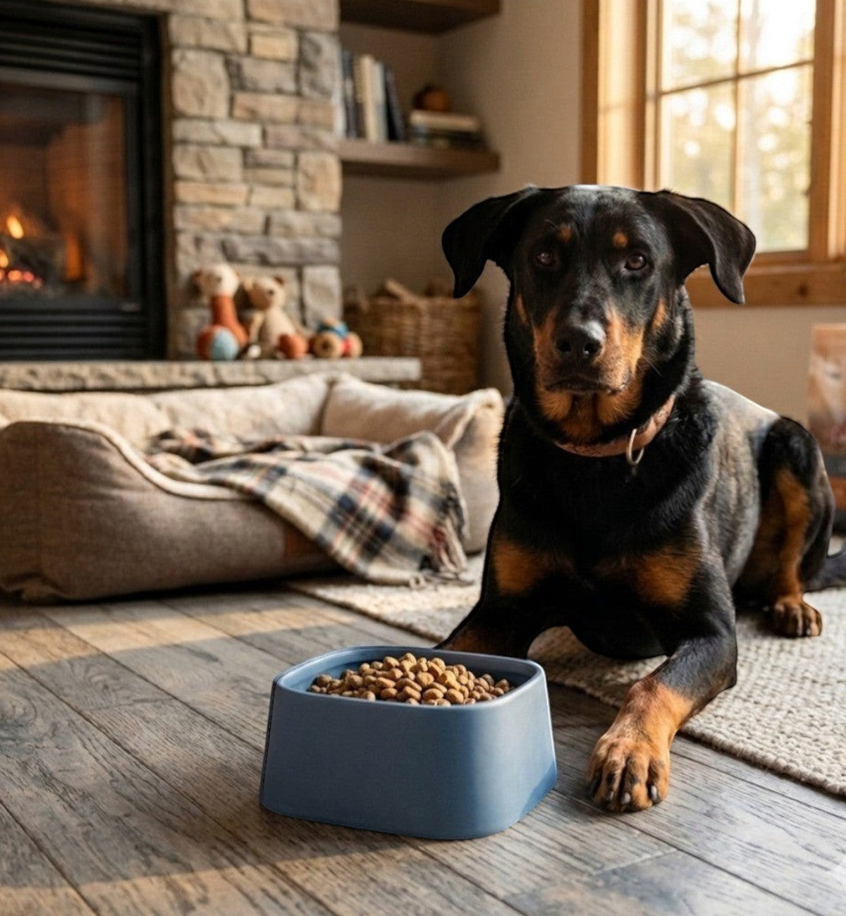 Gamelle carrée Animozen en céramique verte pour chien, 900 ml, design moderne et finition émaillée.