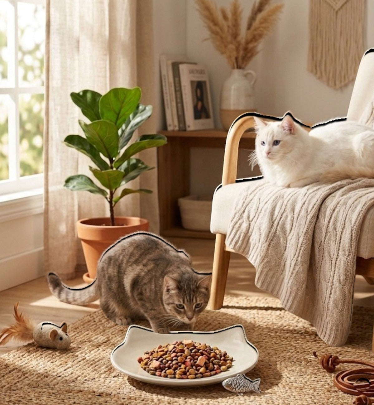 Gamelle plate en céramique blanche pour chat Anti-Stress Filou par Animozen, forme de chat, 60 ml.