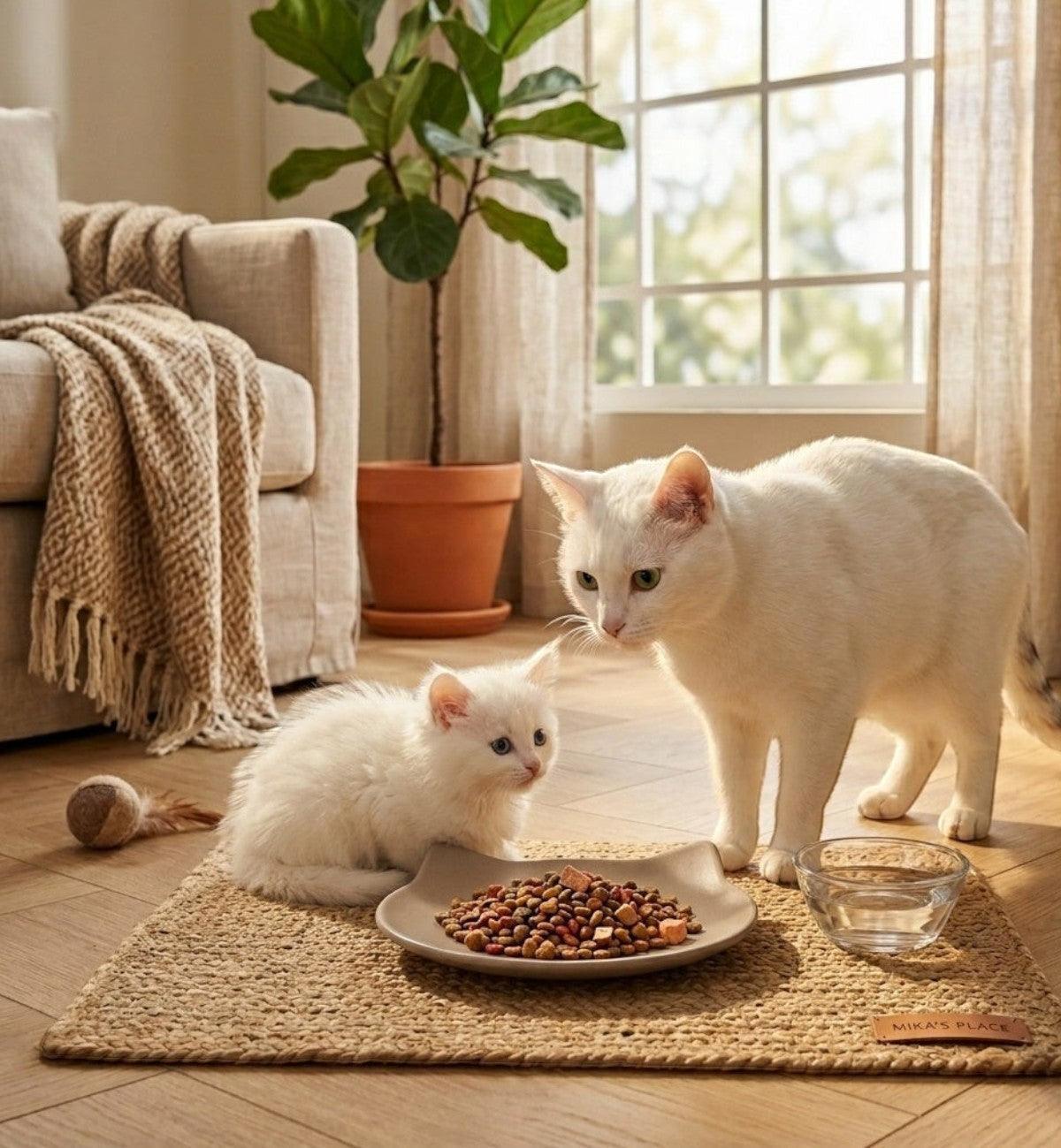 Gamelle plate en céramique beige pour chat Anti-Stress Filou par Animozen, idéale pour les chats sensibles.