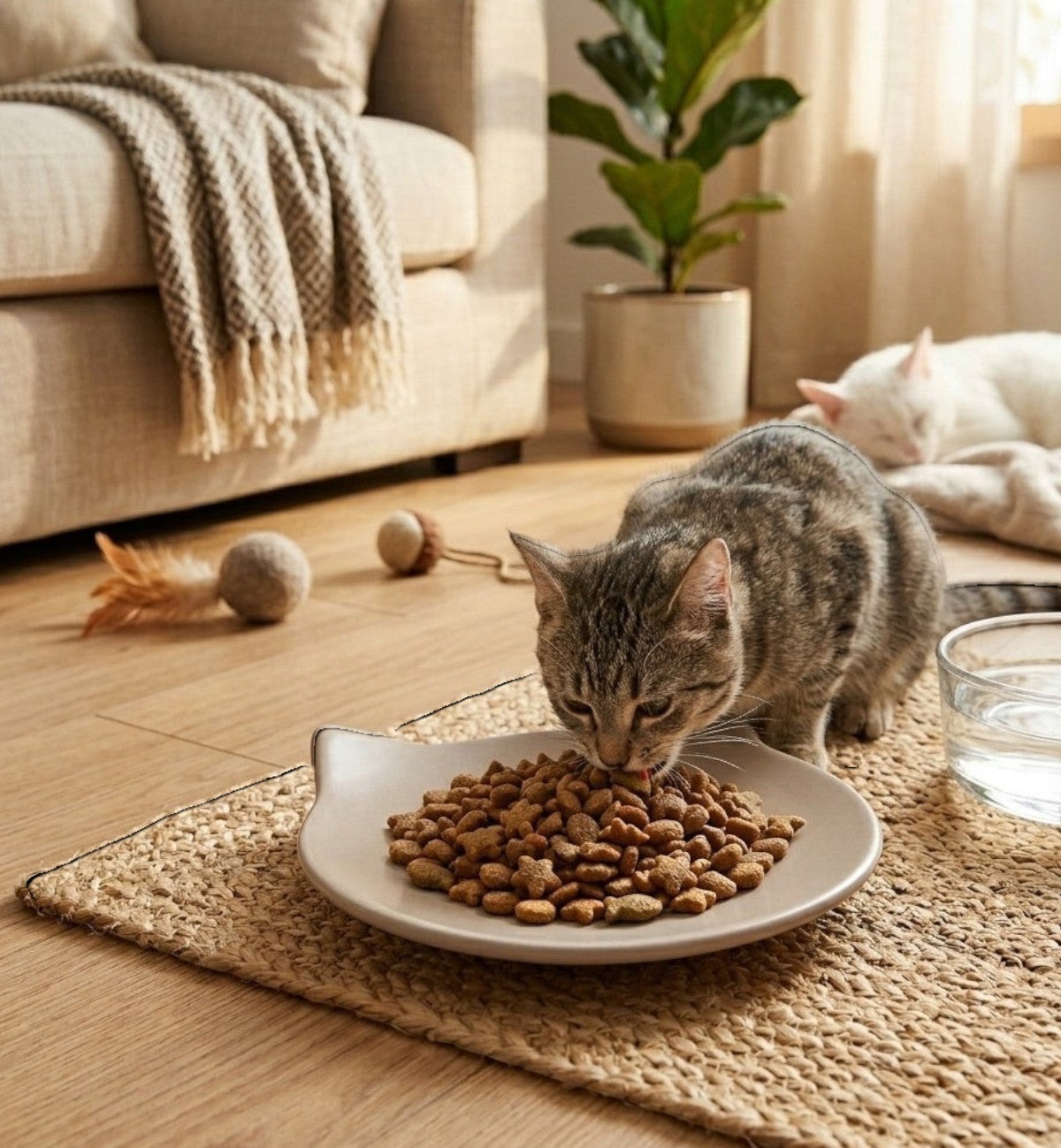 Gamelle plate en céramique grise Animozen pour chat, forme anti-stress, design moderne, 60ml.