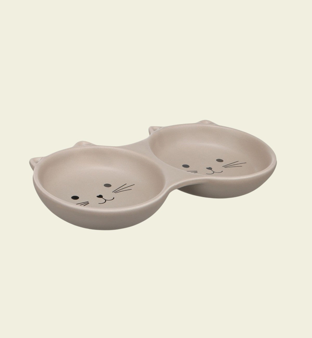 Animozen gamelle 2 en 1 en céramique taupe avec un design de chat, idéale pour nourriture et eau.
