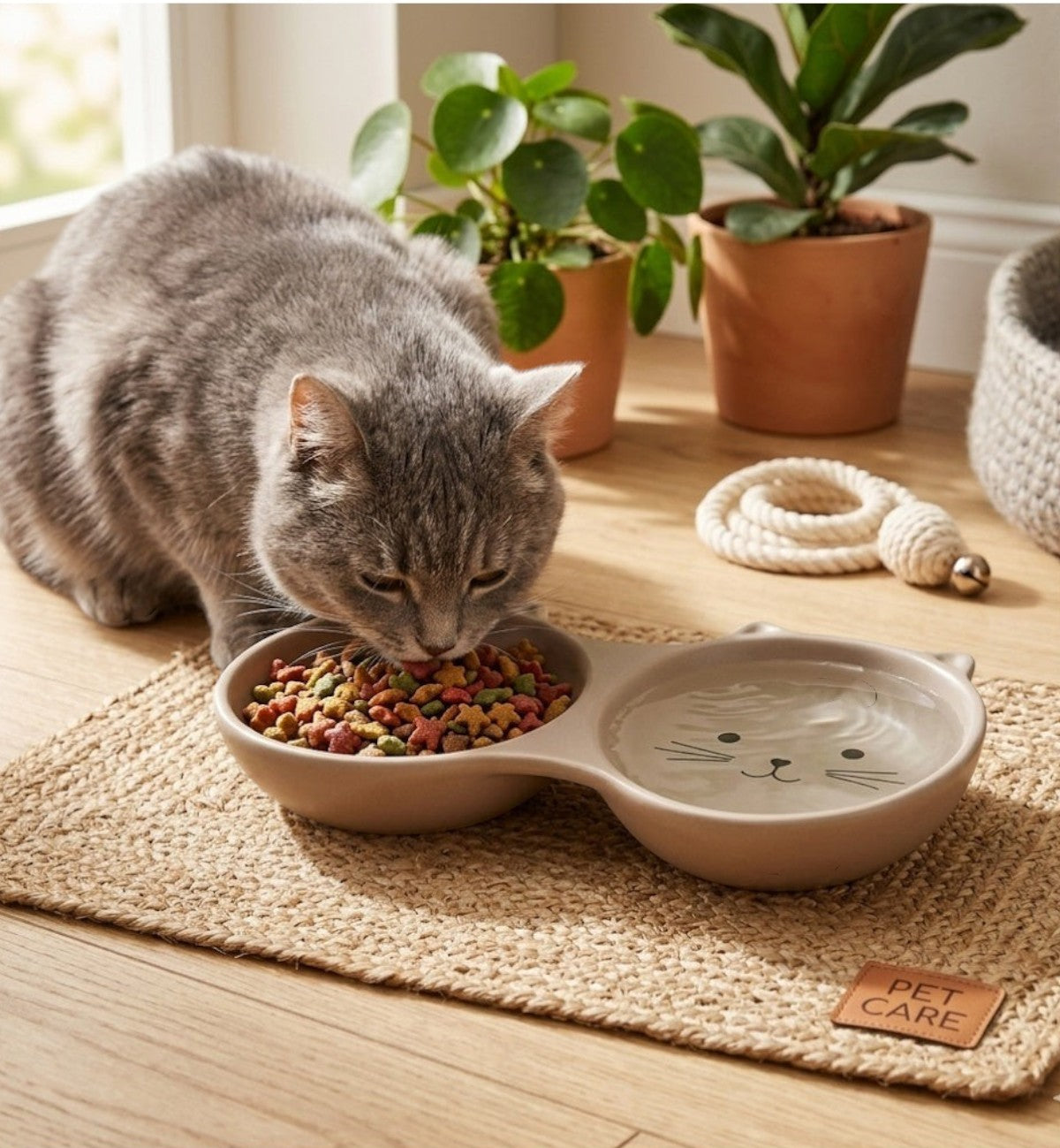 Animozen gamelle 2 en 1 en céramique taupe pour chat, avec un compartiment pour croquettes et un pour l'eau, décorée d'un visage de chat.