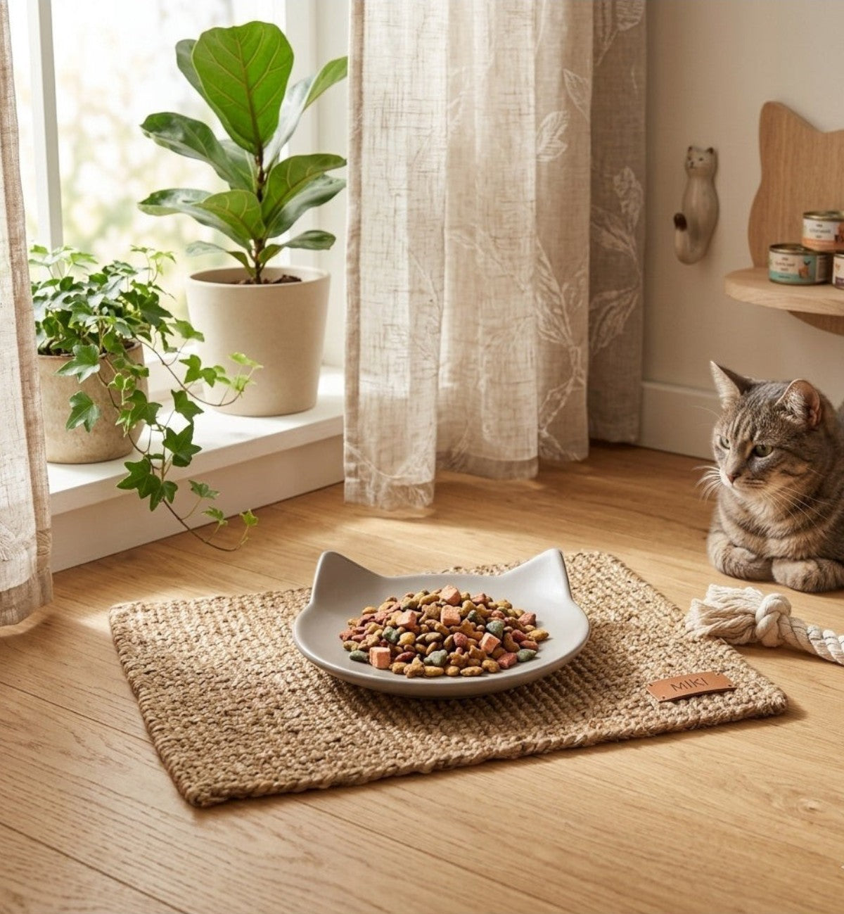 Animozen gamelle ronde en céramique taupe pour chat, anti-stress, avec croquettes.