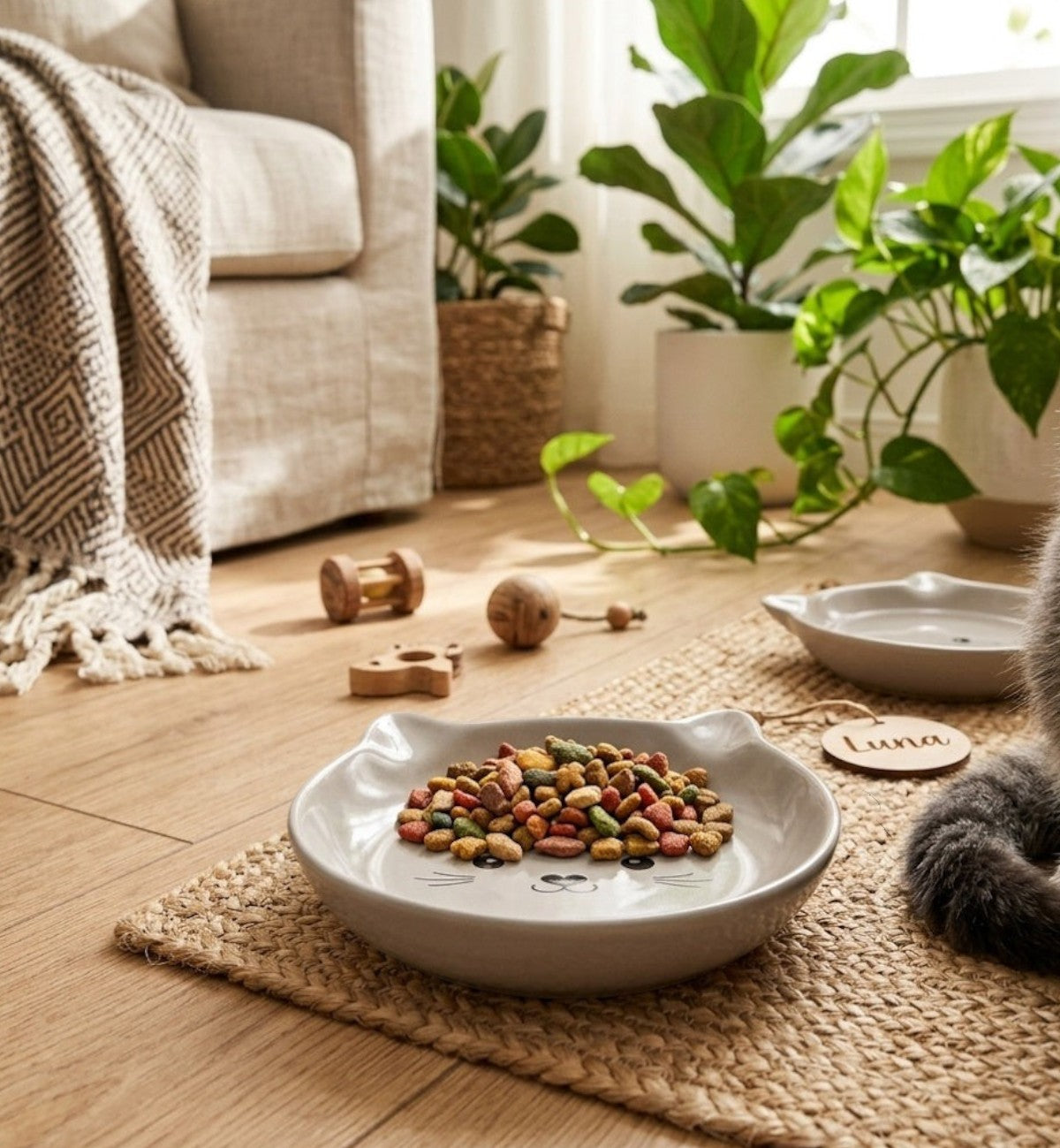 Animozen gamelle ovale en céramique taupe pour chat, design anti-stress avec visage de chat