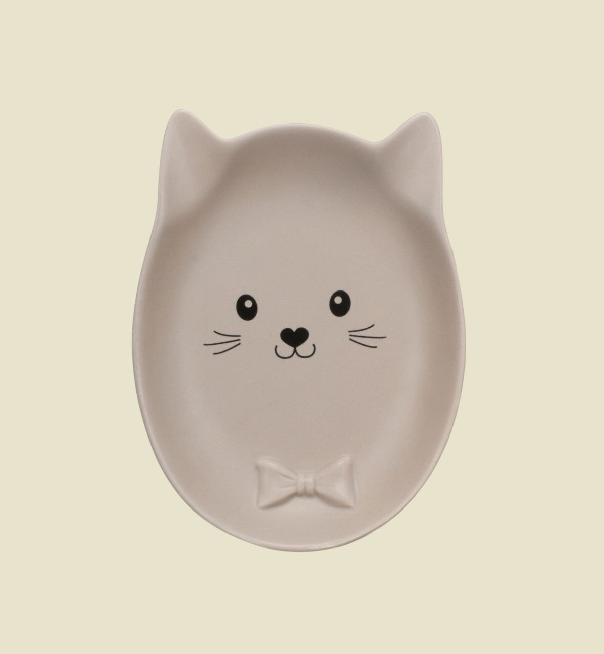 Animozen gamelle ovale en céramique taupe pour chat, forme anti-stress avec visage de chat et nœud papillon.