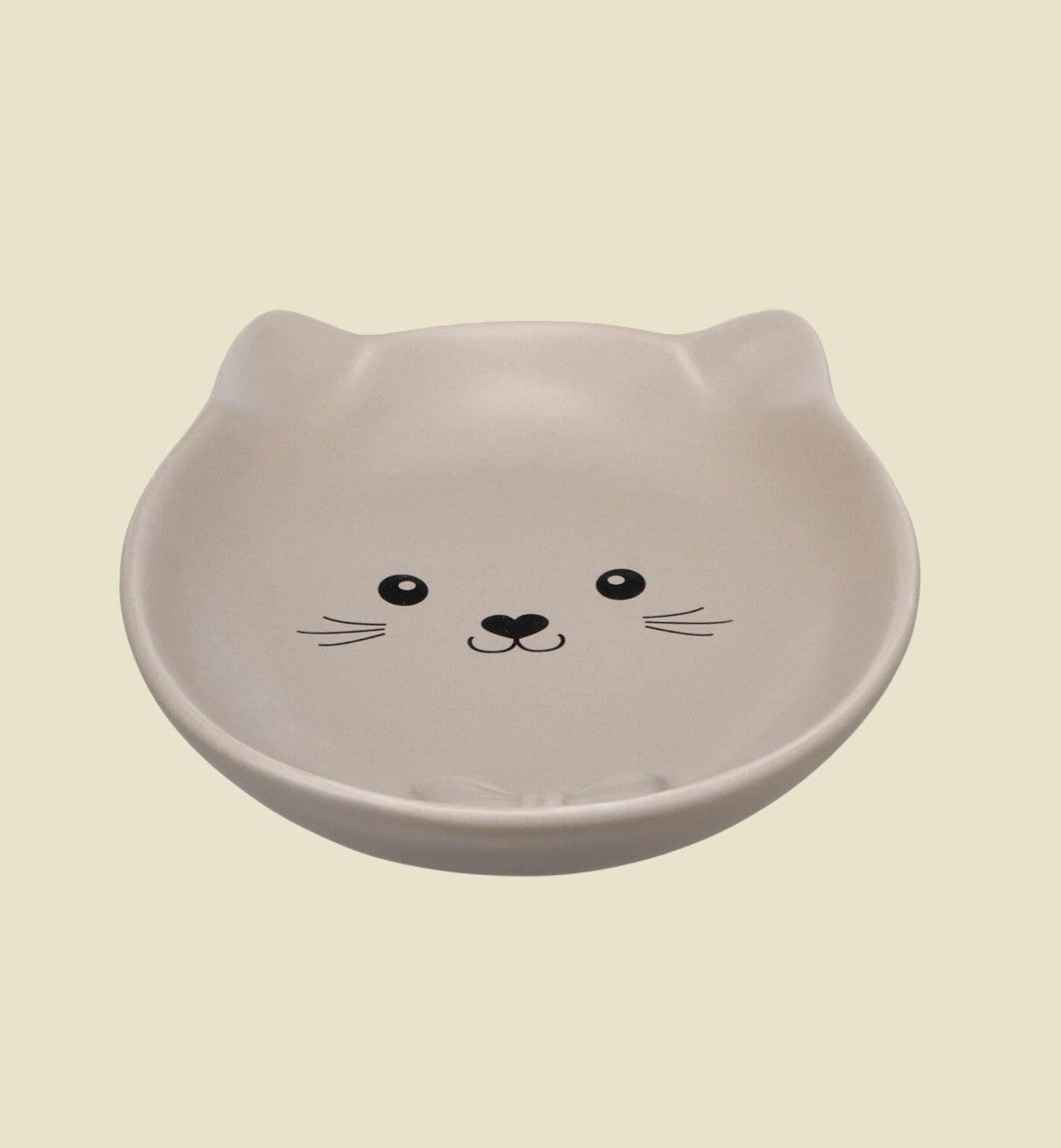 Animozen gamelle ovale en céramique taupe pour chat, forme anti-stress, design visage de chat