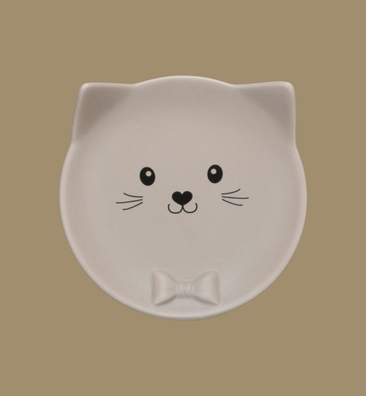 Animozen gamelle ronde en céramique taupe pour chat, design visage de chat avec nœud papillon.