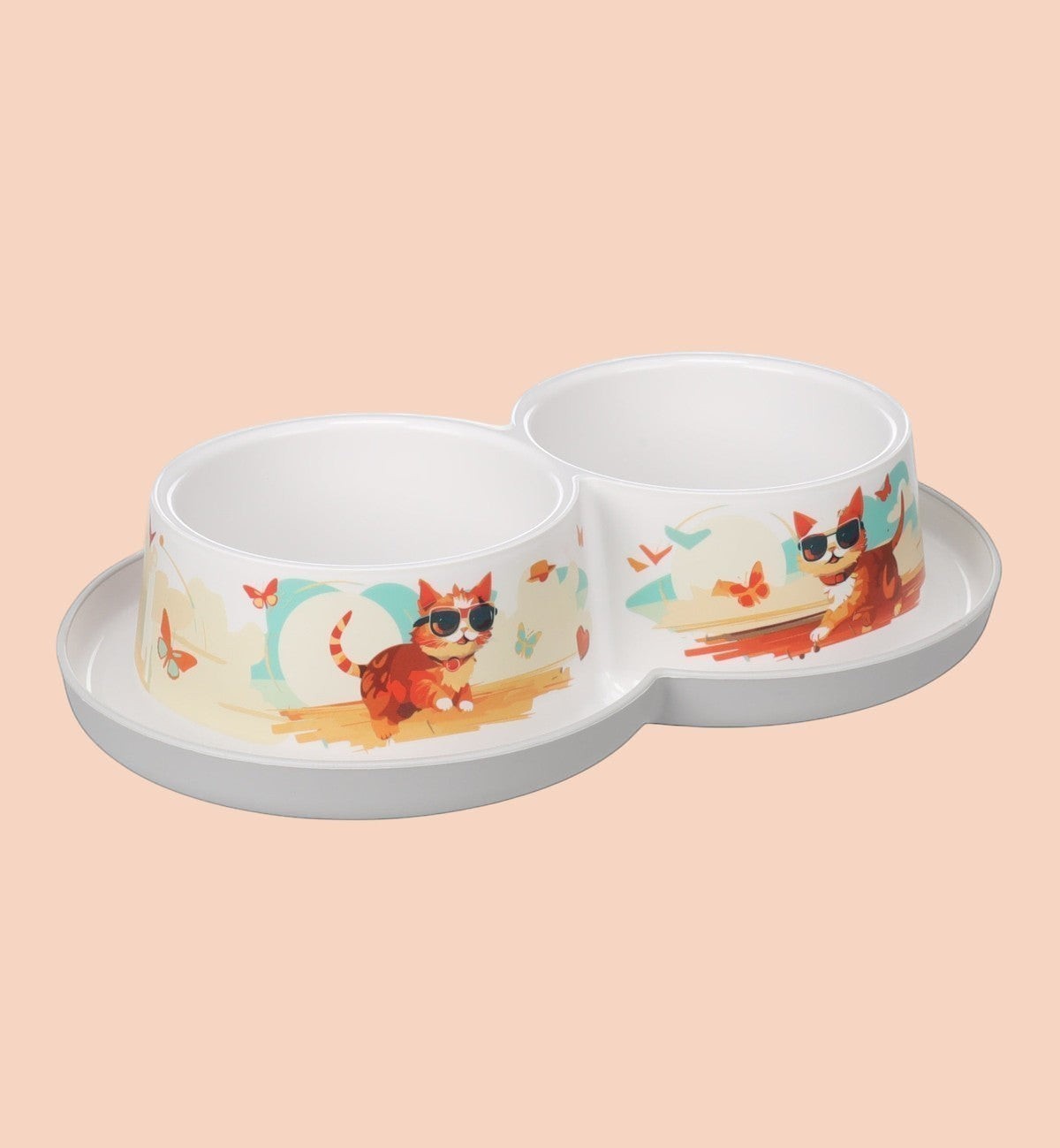 Animozen Double gamelle pour chat en polypropylène blanc avec motif chat et lunettes de soleil, 2x350ml