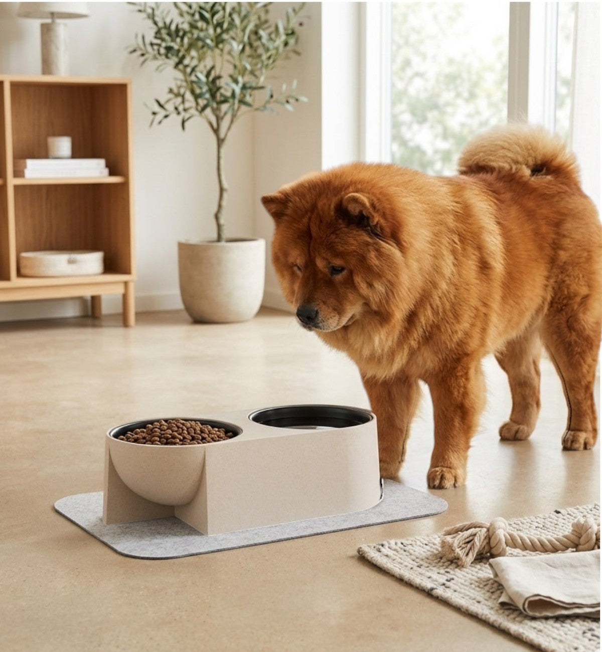 Animozen Double gamelle beige et noir en fibre de bambou et plastique PP pour chien, avec gamelles amovibles.