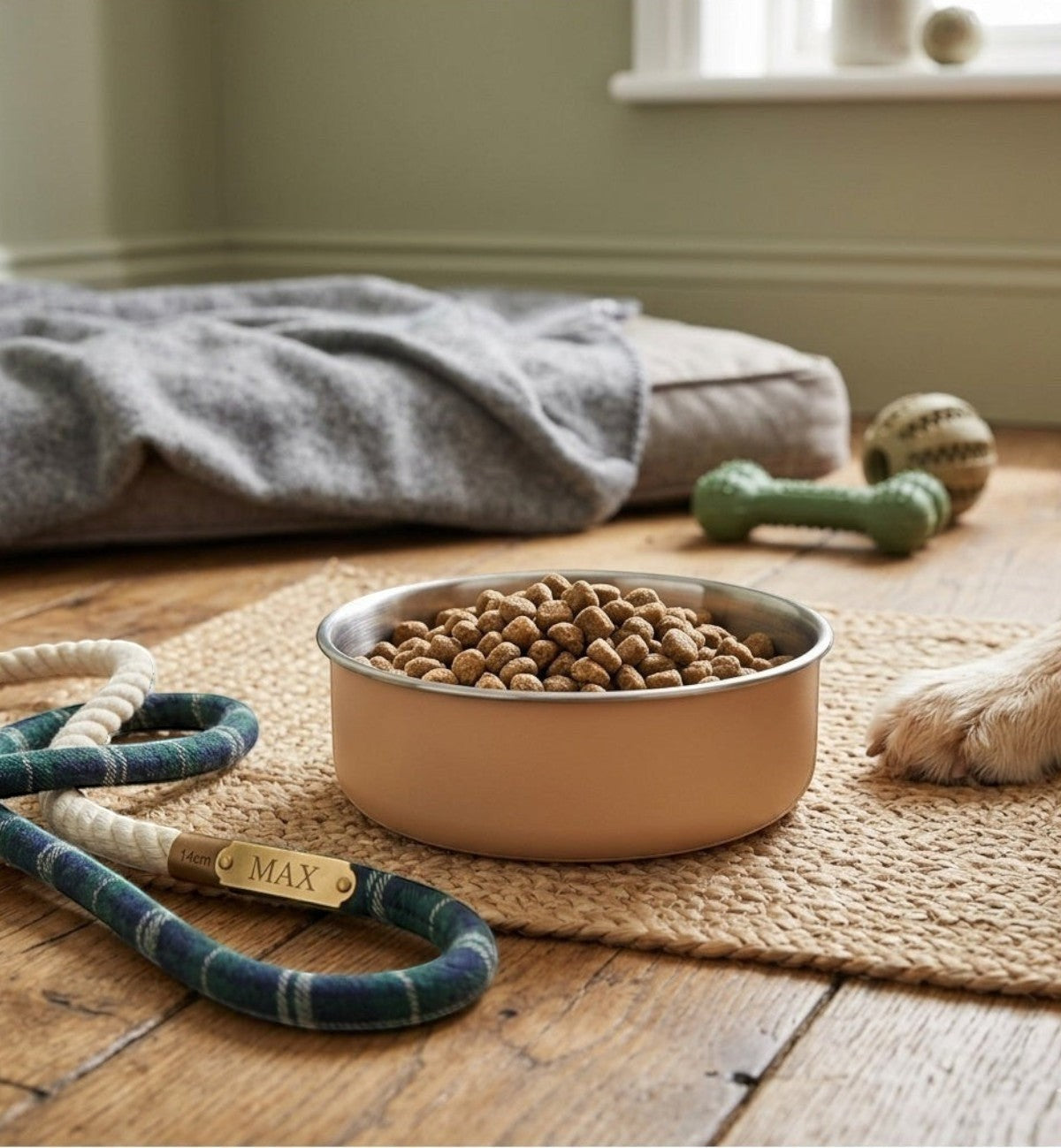 Gamelle Yums en inox beige pour chien, design moderne, fond antidérapant, 870 ml, par Animozen