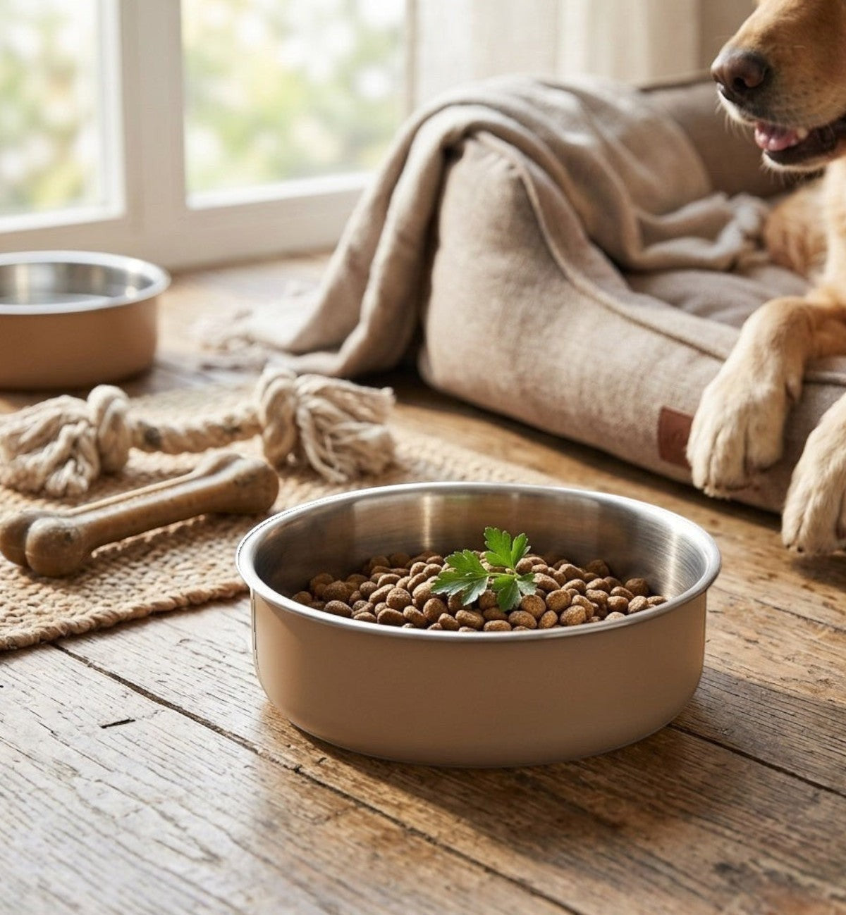 Animozen gamelle en acier inoxydable pour chien, beige, avec nourriture et garniture verte.