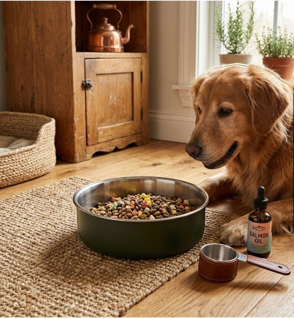 Gamelle verte en acier inoxydable Animozen pour chien, remplie de croquettes, avec un chien à côté.