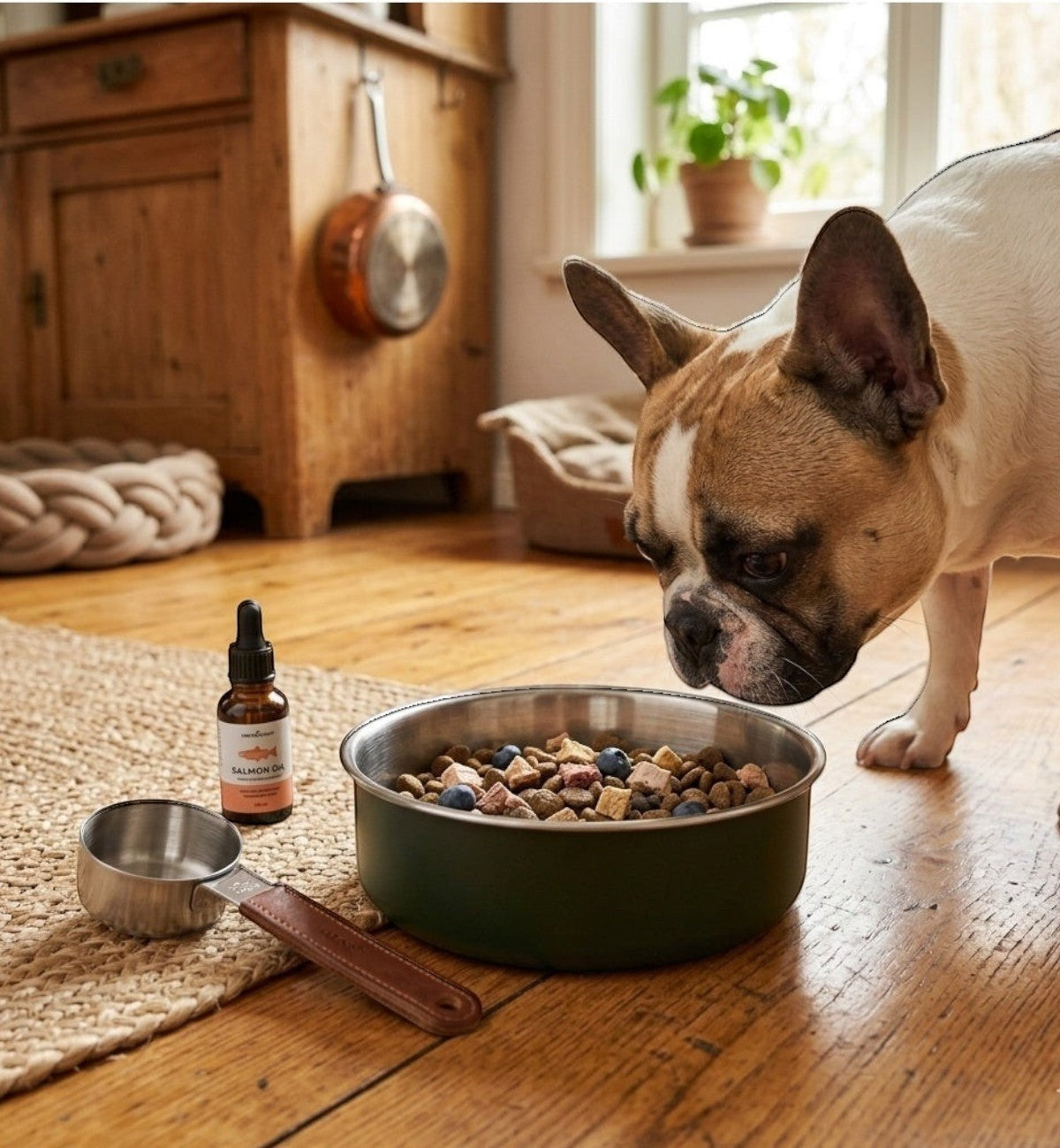 Animozen gamelle verte en acier inoxydable pour chien, avec nourriture et une cuillère doseuse à côté.