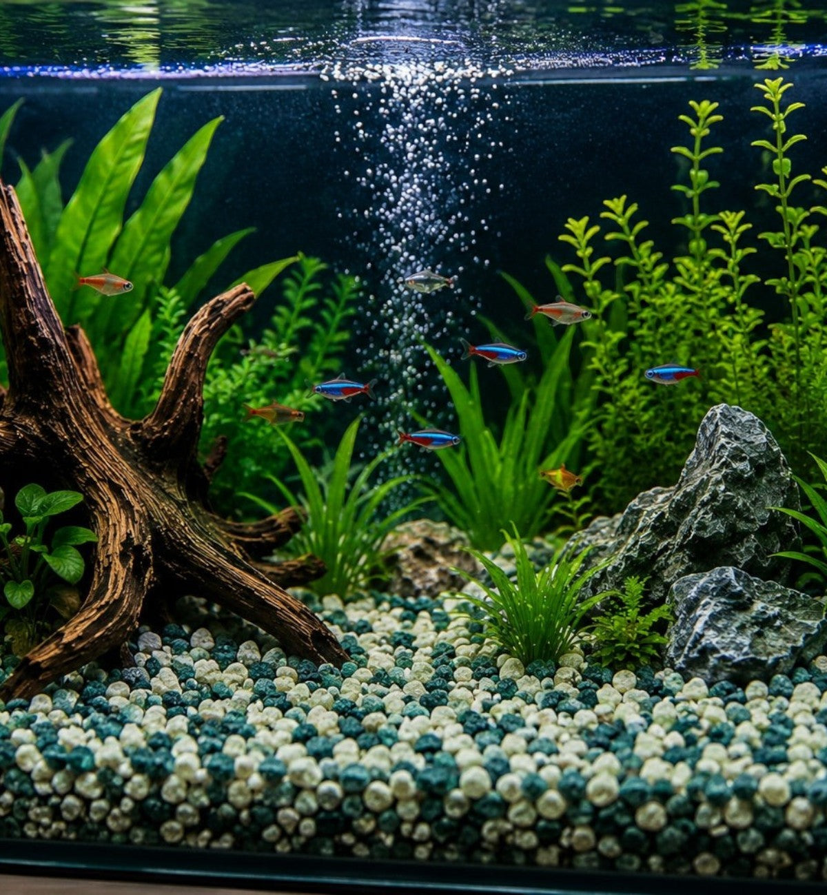 Animozen gravier décoratif pour aquarium, mélange de billes bleues, vertes et blanches, 900g, granulométrie 6-8mm.