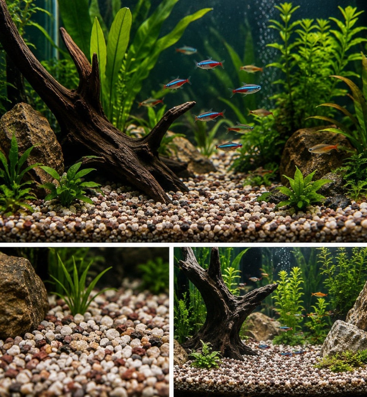 Animozen gravier décoratif multicolore pour aquarium, mélange de brun, blanc, beige et gris, granulométrie 6-8mm.