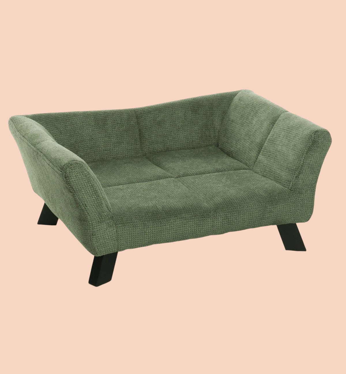 Animozen Damario green sofa for small dogs and cats, upholstered in textured fabric with padded seat and wooden legs.