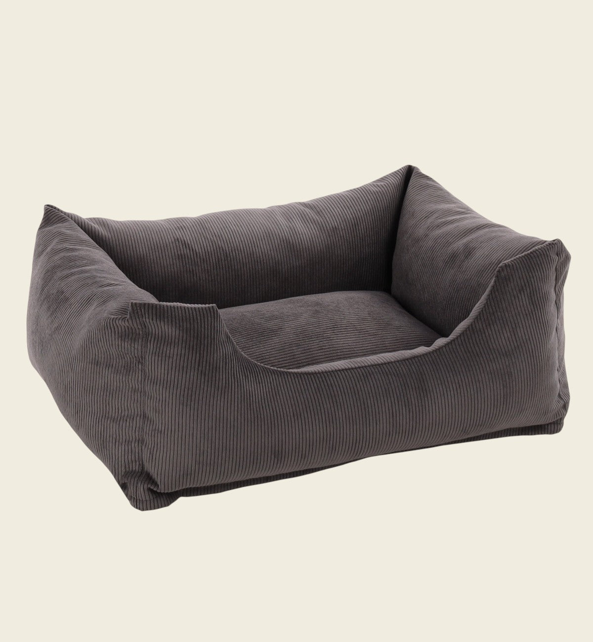 Animozen grey corduroy rectangular dog bed, 65x50x20cm, with plush filling and removable cover.
