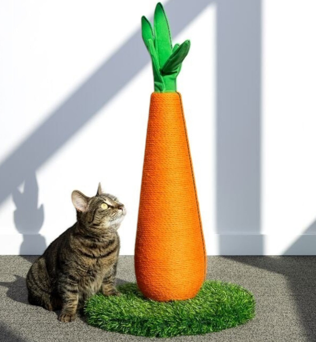 Animozen Jouet griffoir carotte orange et vert en corde de jute avec une base en gazon synthétique, 69cm