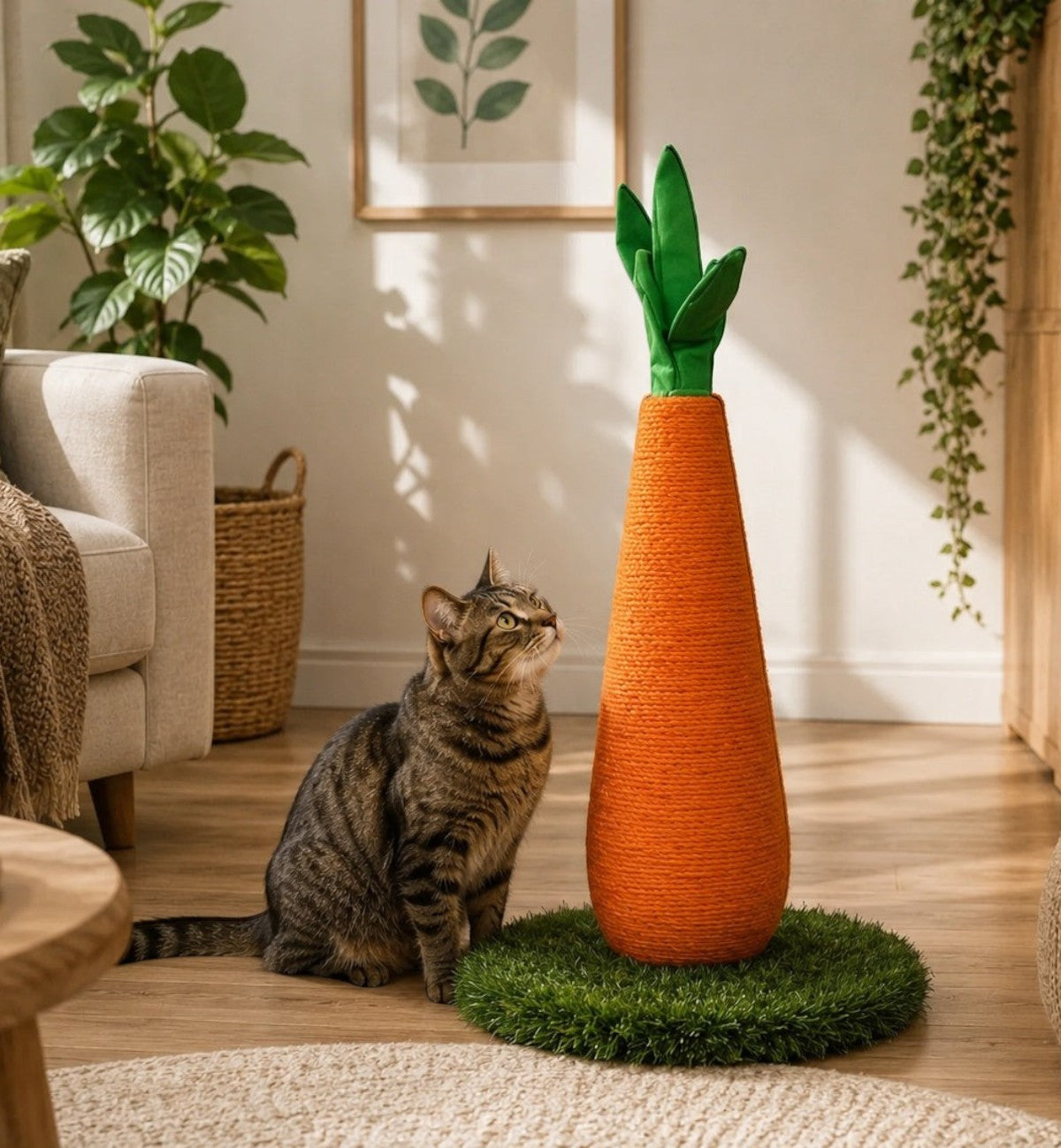 Animozen Jouet griffoir carotte orange et verte en corde de jute avec base en gazon synthétique, 69cm