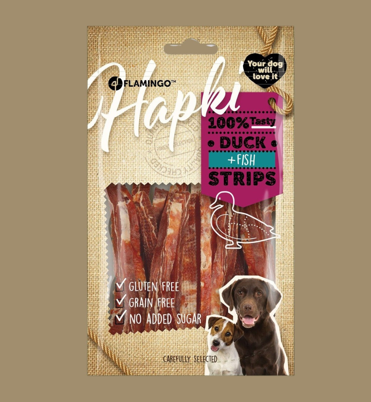 Animozen Hapki lanières de canard et poisson pour chien, sans gluten, sans céréales, sans sucres ajoutés.
