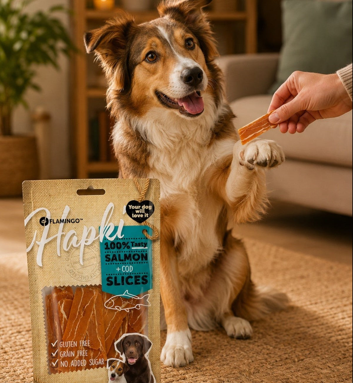 Animozen Hapki palets de saumon et cabillaud pour chien, sans gluten ni céréales, présentés par un chien souriant.