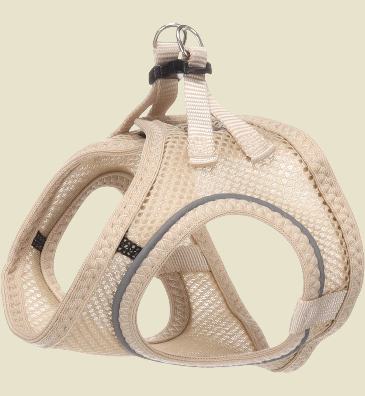Harnais pour chat Animozen beige en nylon et mesh respirant, avec bandes réfléchissantes et fermeture à clic.
