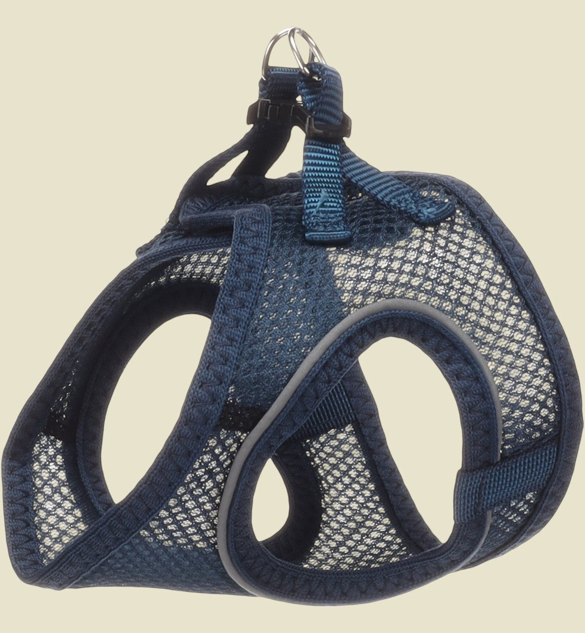 Harnais pour chat Animozen bleu marine en nylon respirant avec bandes réfléchissantes et fermeture à clic.