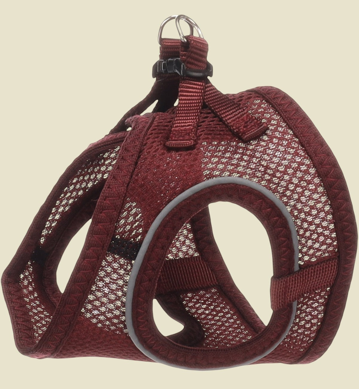 Harnais pour chat Animozen bordeaux en nylon et mesh respirant avec bandes réfléchissantes et fermeture à clic.