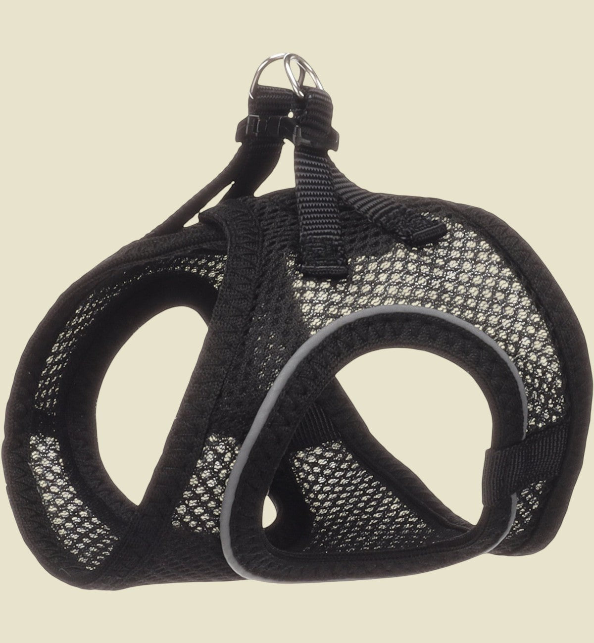 Harnais pour chat Animozen noir en nylon respirant avec bandes réfléchissantes et fermeture à clic.