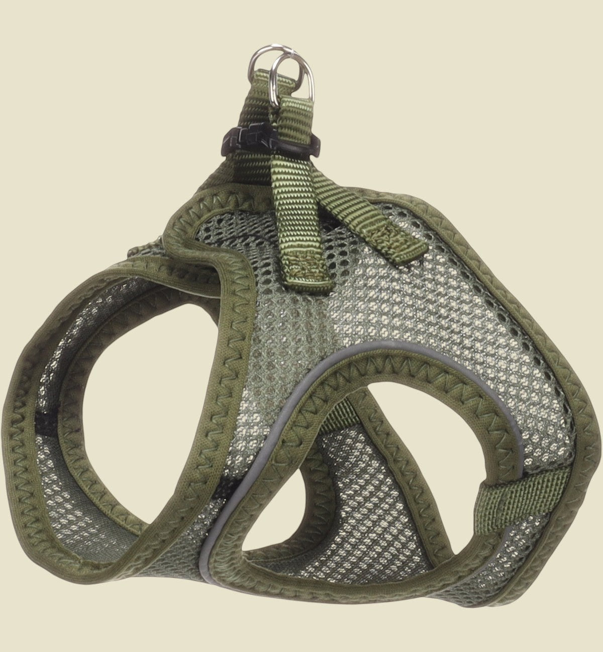 Harnais pour chat Animozen vert kaki en nylon et mesh respirant, avec bandes réfléchissantes et fermeture à clic.