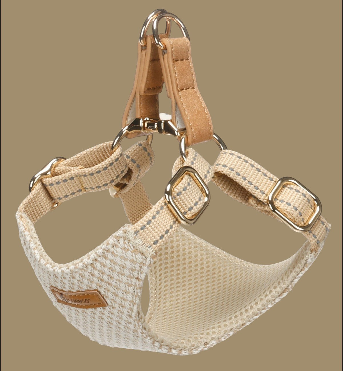 Harnais pour chien Animozen Lara beige en coton tressé et similicuir, avec maille respirante et finitions dorées. Réglable et doté de bandes réfléchissantes.