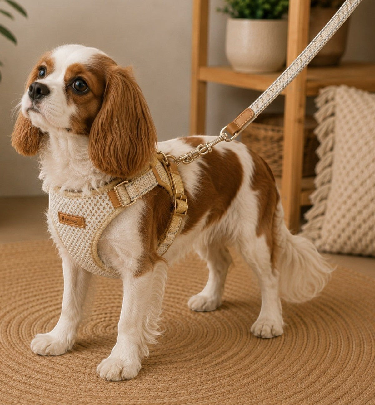 Harnais pour chien Animozen Lara beige en coton tressé et similicuir, maille respirante, réglable, avec double anneau et bandes réfléchissantes.