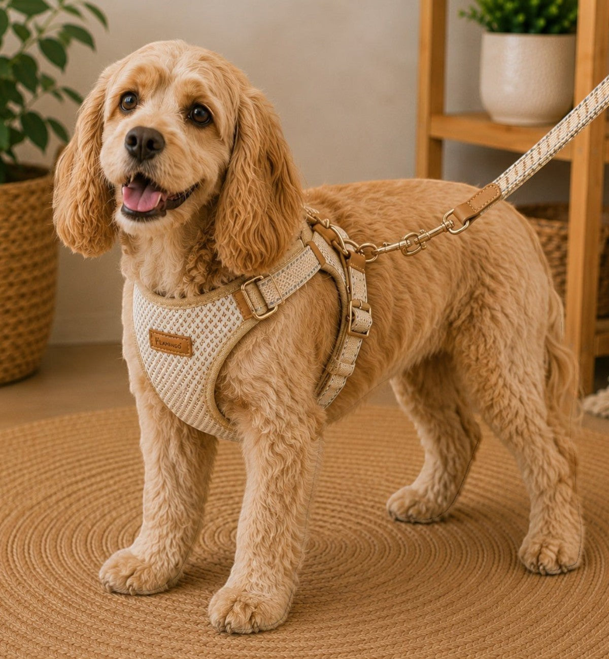 Animozen Harnais Lara beige en coton tressé et similicuir, maille respirante, réglable, avec double anneau et bandes réfléchissantes.