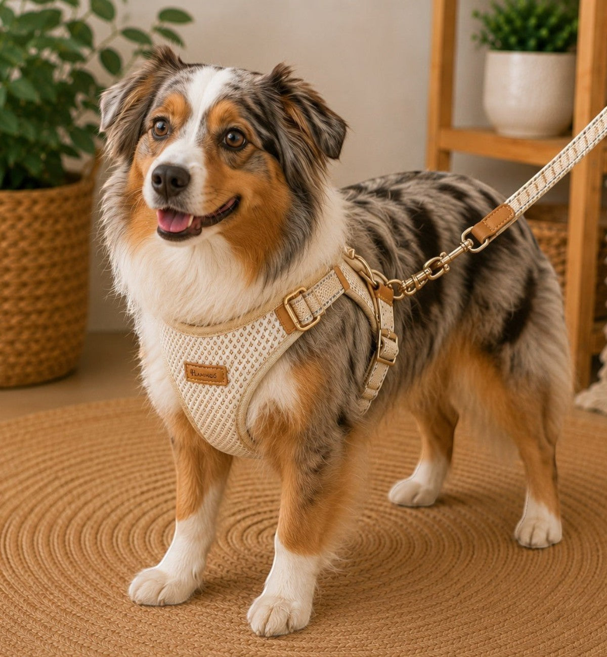 Harnais pour chien Animozen Lara beige en coton tressé et similicuir, maille respirante, réglable, double anneau, bandes réfléchissantes et finitions dorées.