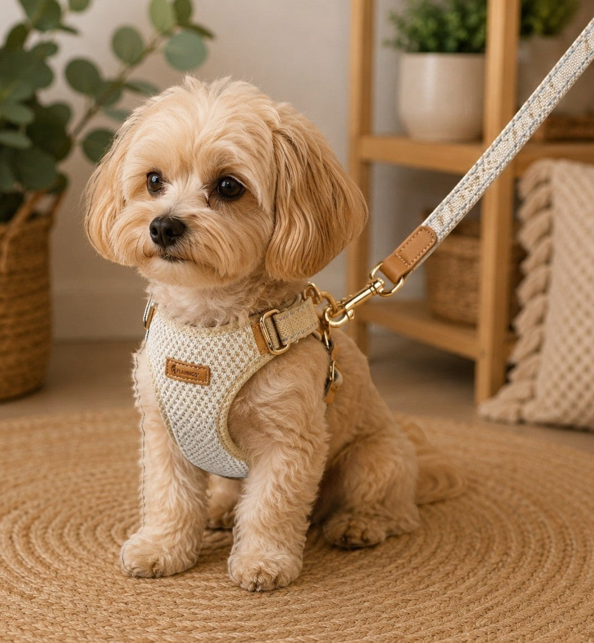 Animozen Harnais Lara beige en coton tressé et similicuir, maille respirante, réglable, avec double anneau et bandes réfléchissantes.