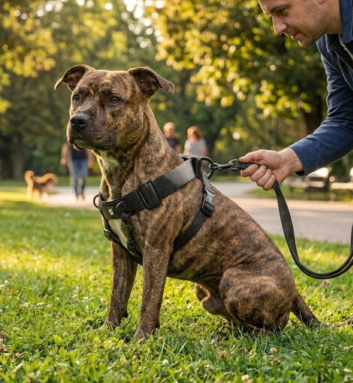 Harnais noir en nylon pour chien Animozen Easy Walker, limitant les tractions, avec sangles réglables et finitions métalliques.