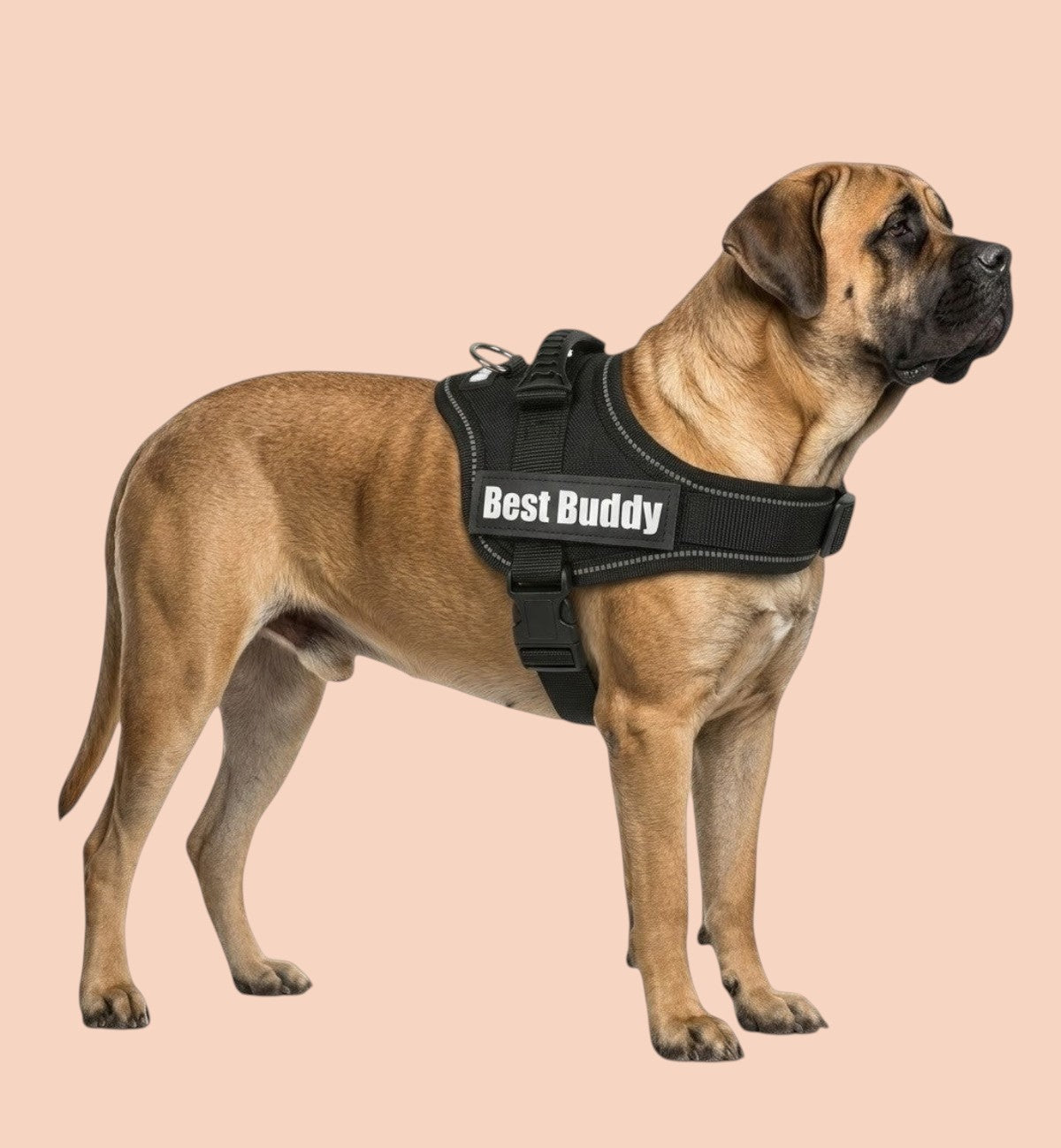Harnais noir réglable pour chien Best Buddy en nylon avec rembourrage doux et bandes réfléchissantes, boucle à clic et anneau métallique.