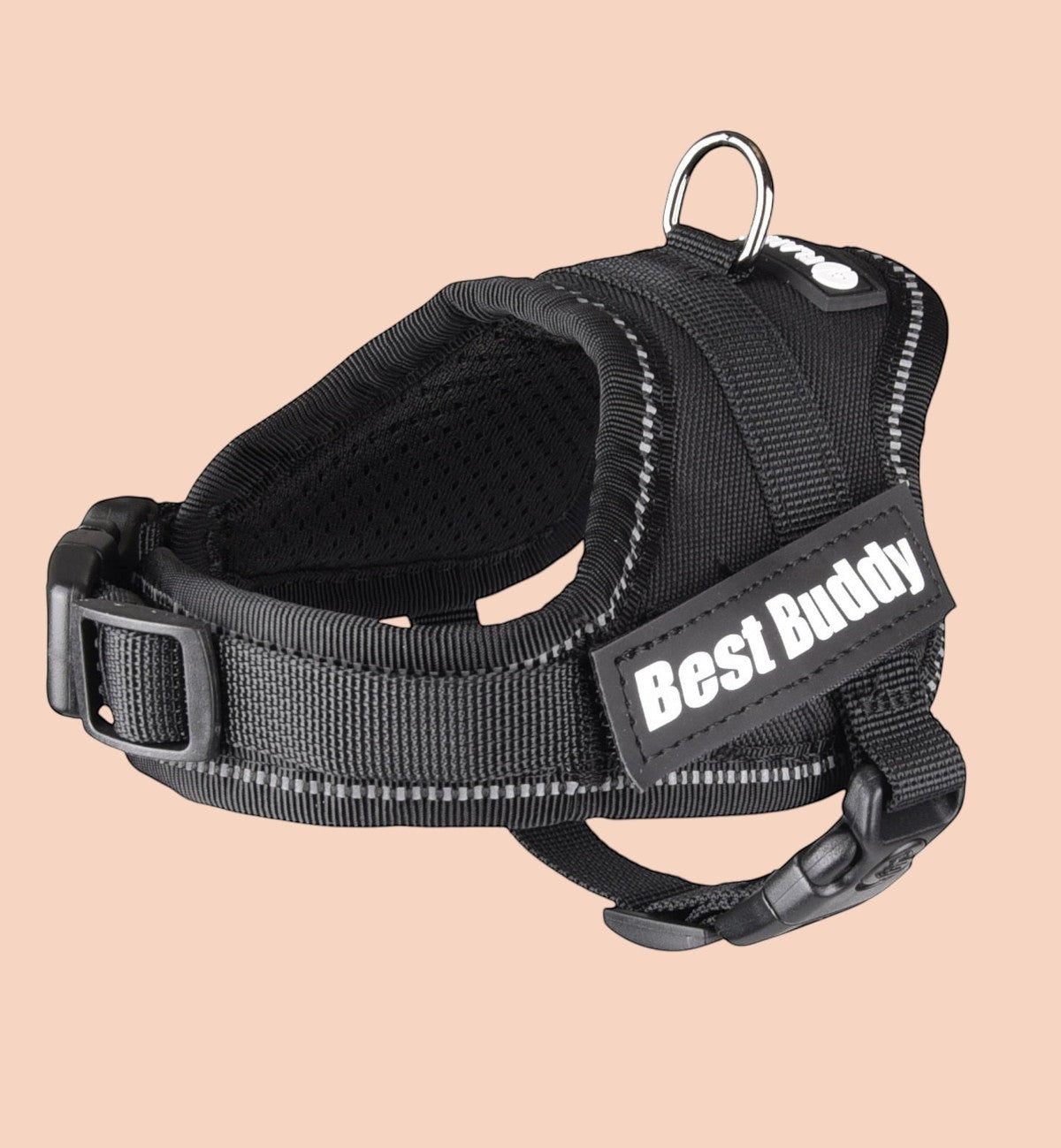 Harnais noir réglable pour chien Animozen Pluto en nylon résistant avec rembourrage doux et bandes réfléchissantes.