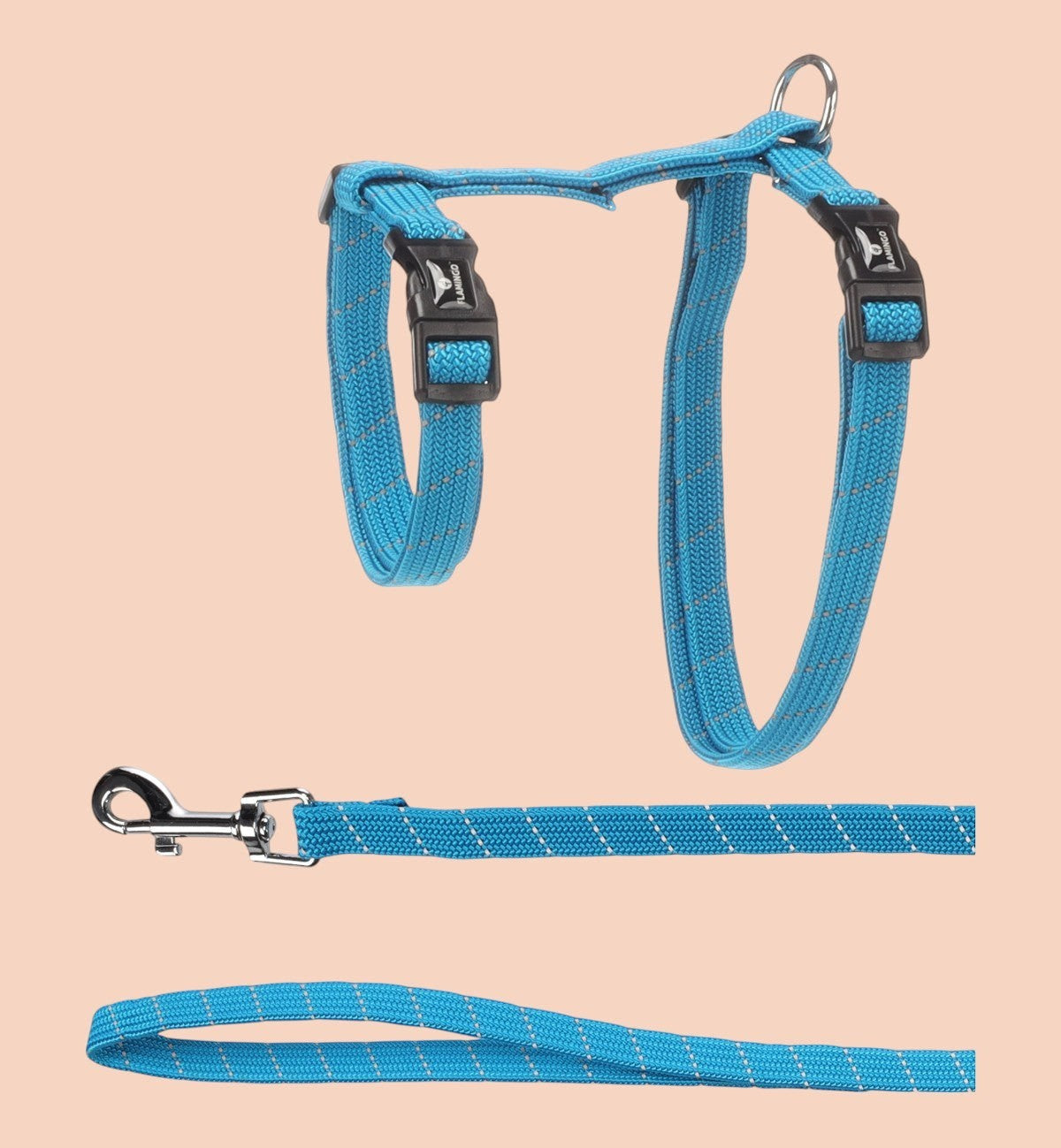 Ensemble laisse et harnais bleu ciel pour chat Animozen avec détails réfléchissants et fermetures à clic.
