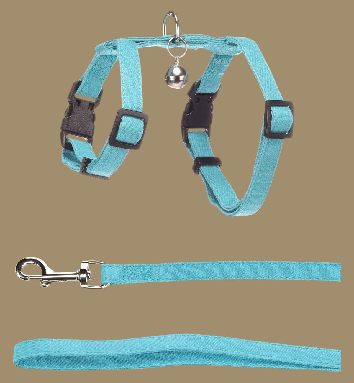 Harnais et laisse pour chat Animozen bleu clair en nylon réglable avec clochette et mousqueton pour promenades extérieures.