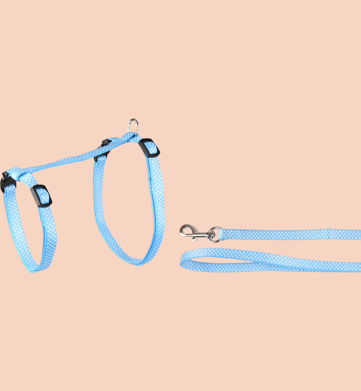 Harnais et laisse pour chat Animozen bleu à pois blancs, en nylon réglable avec fermeture à clic et mousqueton.