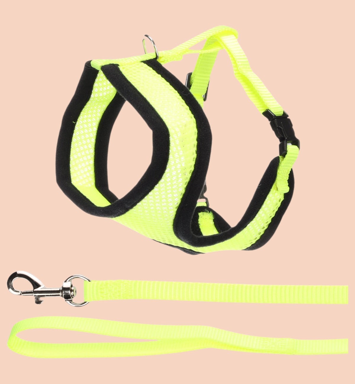 Harnais et laisse pour chat Animozen jaune fluo en nylon respirant avec bordures noires, réglable et sécurisé pour promenades extérieures.