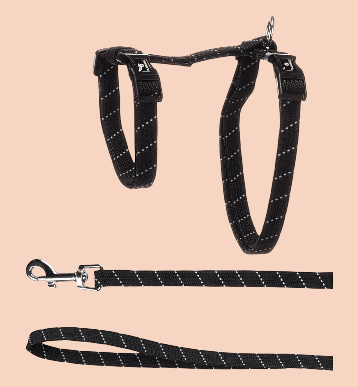 Ensemble laisse et harnais noir rayé pour chat Animozen, en nylon résistant avec détails réfléchissants et mousqueton chromé.