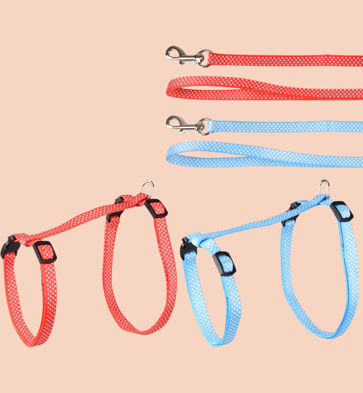 Ensemble laisse et harnais pour chat Animozen, rouge et bleu à pois blancs, en nylon réglable avec fermeture clic et mousqueton.