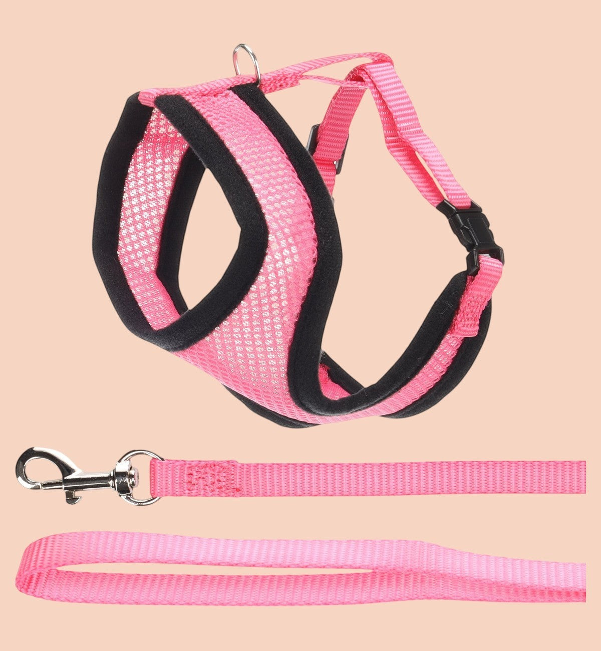 Harnais et laisse pour chat Animozen rose en nylon respirant avec bordures noires et fermeture à clic