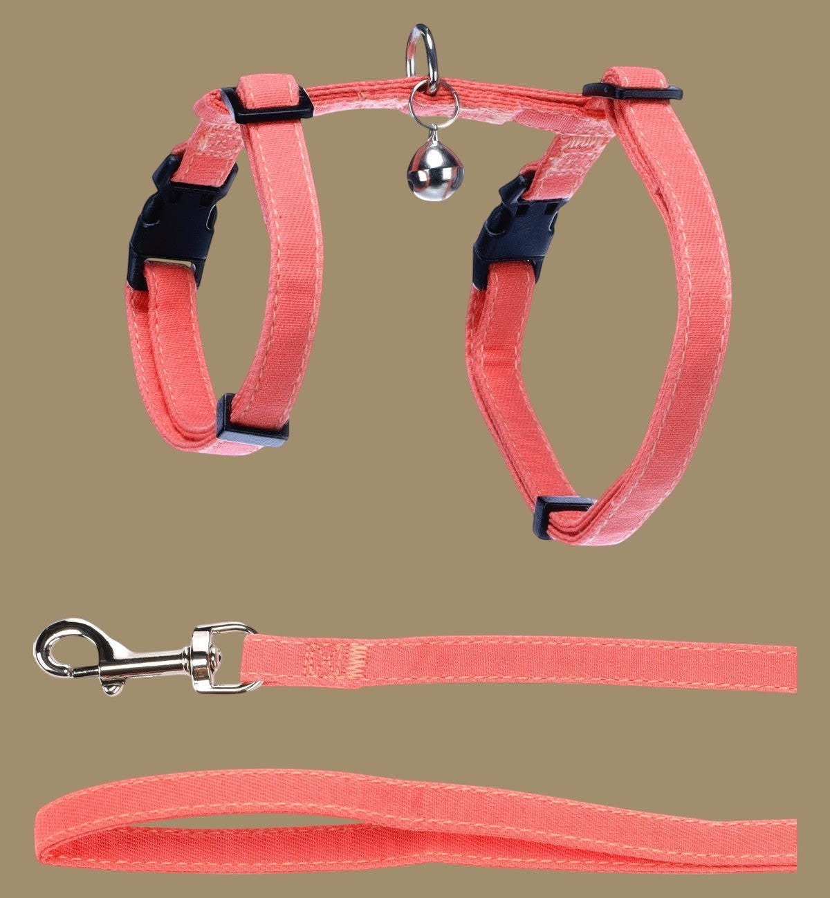 Animozen harnais et laisse pour chat en nylon rose saumon avec clochette et mousqueton chromé.