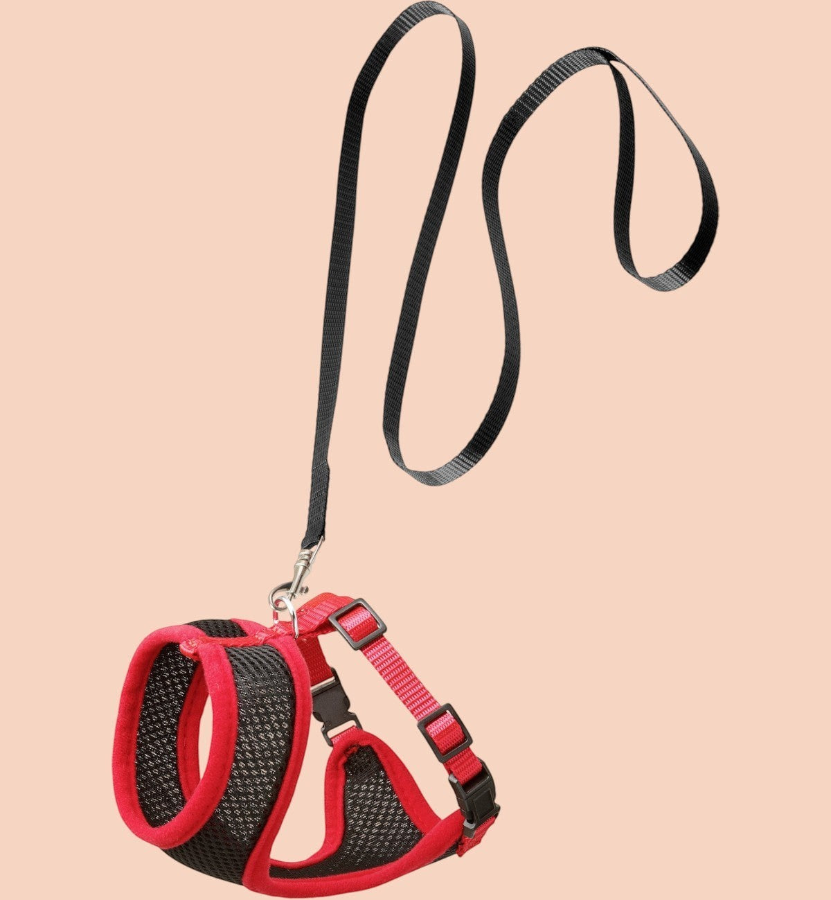 Harnais et laisse pour chat Animozen rouge et noir en nylon respirant, réglable et sécurisé pour promenades extérieures.